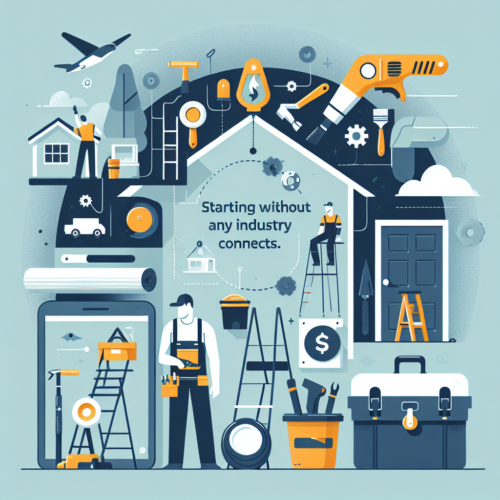 Create a modern, clean, professional-looking flat illustration relevant to service industry business owners, such as painters, landscapers, roofers, and handymen. The illustration should effectively communicate the concept of 'Starting Without Any Industry Contacts', using simple shapes, bold colors, and a minimal, vector-style design. It should not include any text on objects or anywhere in the image, and all visible elements should be void of brand names or logos. The focus should be on visually engaging the viewer and implying a sense of entrepreneurial ambition to start a business.