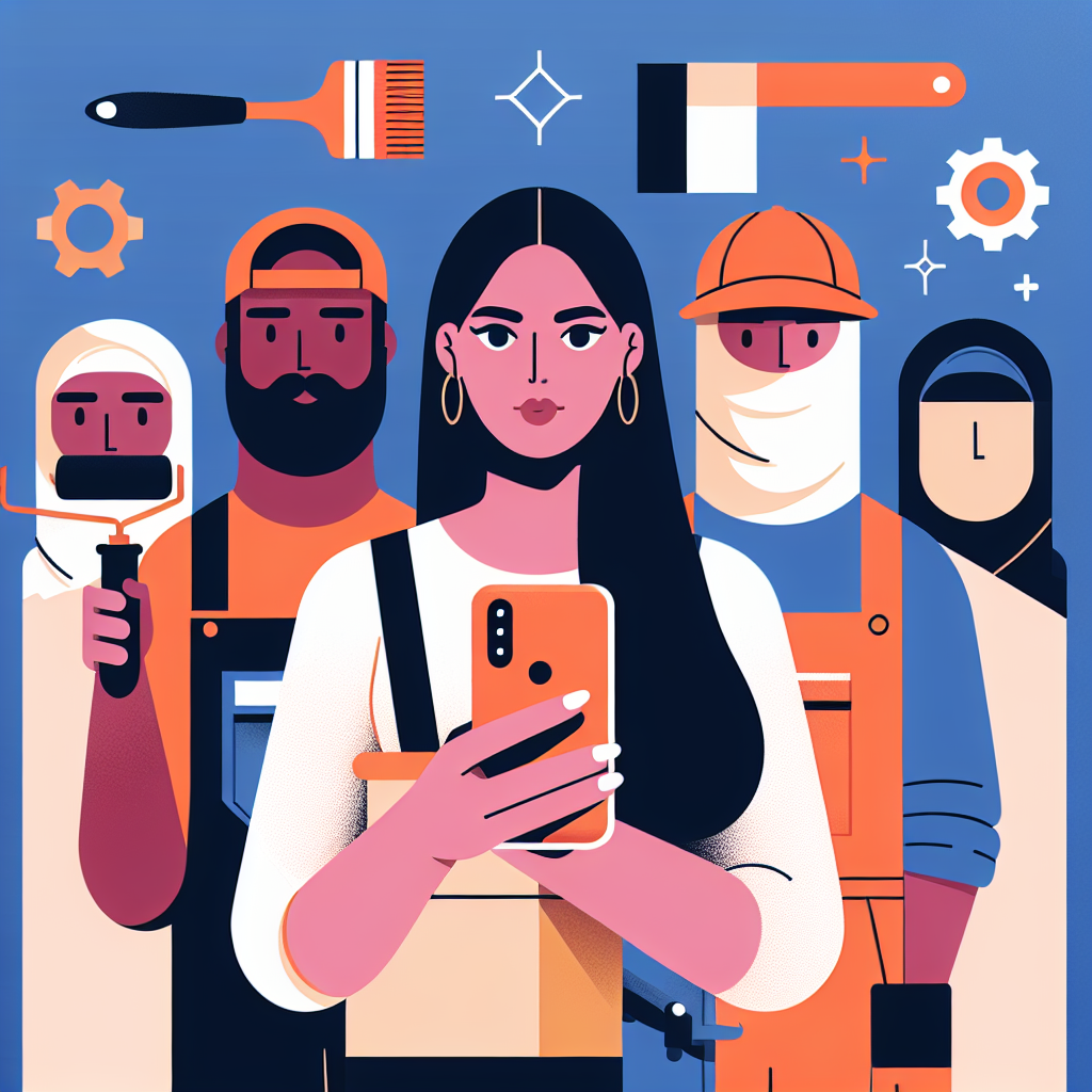 Create a clean, professional flat-style illustration suitable for a business-oriented article. It should appeal to service business owners such as painters, female landscapers, roofers of Middle-Eastern descent, and Hispanic handymen. The image should exude a modern, minimalistic vibe with the use of vector-based design. Emphasize the utilization of bold, striking colors and simple, geometric shapes. Be sure to avoid any inclusion of text within the image or upon any objects. Stay away from all recognizable brand names and logos. The image should subtly convey the theme of starting a business without the dependence on a smartphone.