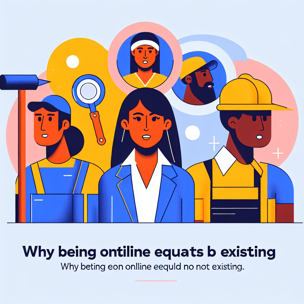 An illustration in a clean, professional flat-style for an online article. The illustration should represent the theme of 'Why Not Being Online Equals Not Existing'. It should visually speak to service business owners such as a South Asian female painter, a Hispanic male roofer, a Caucasian woman landscaper, and a Black male handyman. The design should be modern, minimal, vector-based with bold colors and simple shapes. It should not include any text within the image or on any objects and should avoid all brand names and logos.