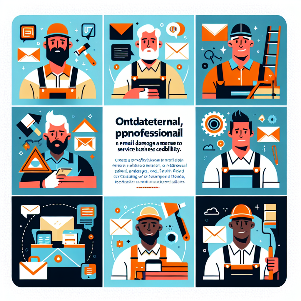 Create a clean, professional flat-style illustration reflecting the concept of an outdated or non-professional email damage to a service business credibility. Visually appeal to various professionals such as a Middle-Eastern painter, Caucasian landscaper, South Asian roofer, and Black handyman. They are observed using modern technology for communications. The design should be modern, minimal, vector-based with bold colors and simple shapes. Do not include any brand names, logos, or text within the image or on any objects.