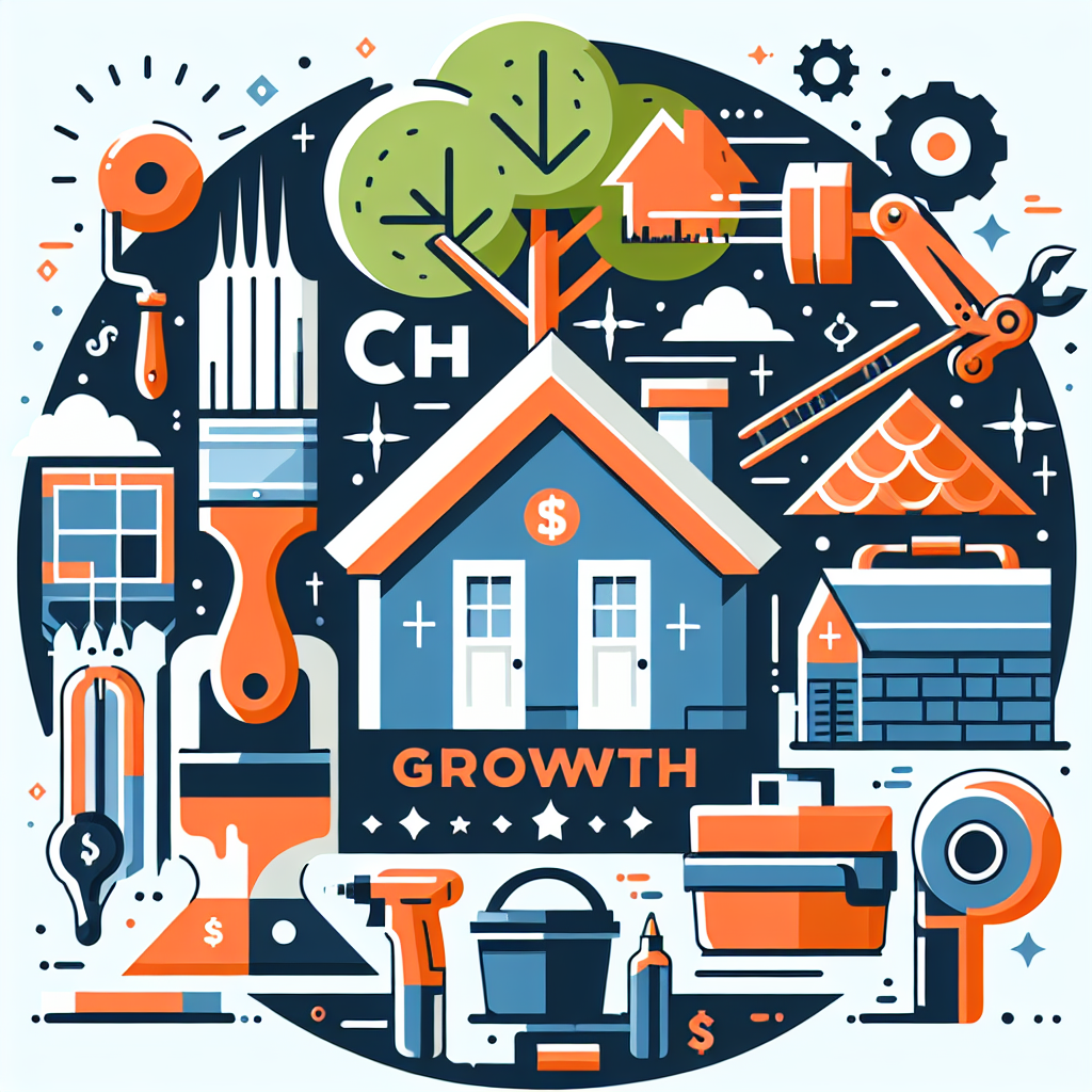 Create a flat-style illustration depicting the concept of limiting growth for an article targeting service business owners, without using any text. The image should feature a variety of service business symbols such as a paintbrush, a tree, a roofing tile, and a toolbox, suggestive of painters, landscapers, roofers, and handymen respectively. Design this in a modern, minimal, vector-based design language using bold colors and simple shapes. Make sure there are no brand names or logos present in the illustration. All this, while adhering to the request not to include the original prompt text in the final image output.