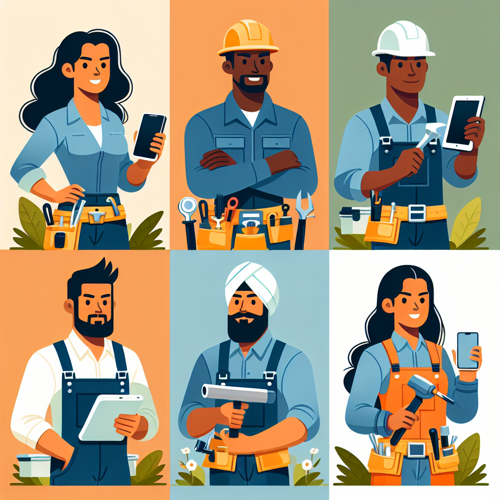 Draw a clean, professional flat-style illustration meant for service business owners such as a Hispanic woman painter, a Black man landscaper, a Middle-Eastern man roofer, and a South Asian woman handyman. In this illustration, depict the modern digital world by having each of the characters standing proudly near their service tools with a clear focus on their profession. Each should also hold a digital device, like a smartphone or a tablet, symbolizing their online presence. The design needs to be modern, minimal, and vector-based with bold colors, simple shapes, and no text, brand names or logos.