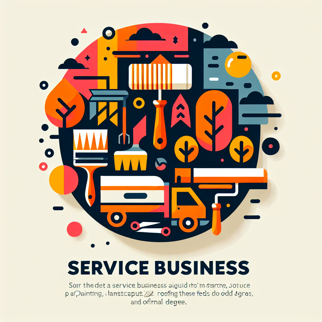 Create a modern, minimal, and vibrant flat-style illustration aimed at service business owners, such as those in painting, landscaping, roofing, and odd jobs fields. The picture should contain simple vector shapes that symbolize these professions, possibly including paintbrushes, trees, roofs, and tools, to capture the idea of starting a business in these fields without a formal degree. Nonetheless, ensure that the design remains professional, clean, and appealing to this demographic, with bold colors and uncluttered composition. Refrain from including any text, brand identifiers, or logos within the image.
