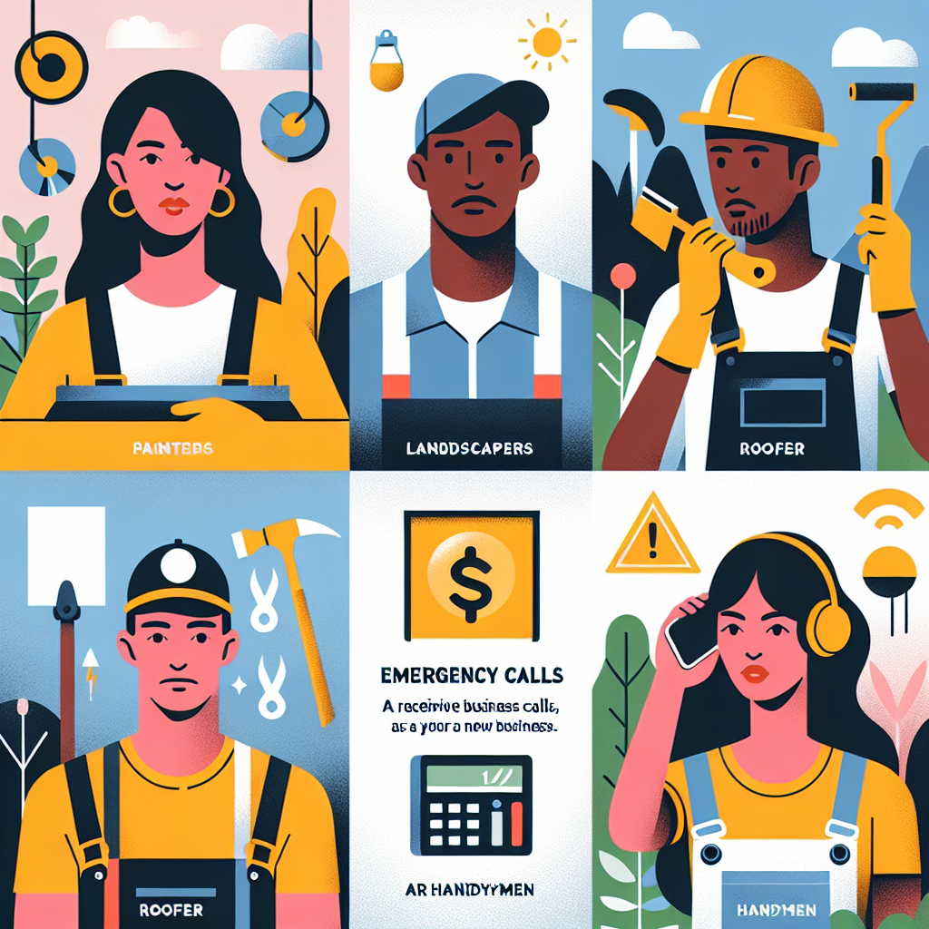 Produce a clean, flat-style illustration for an article, appealing to service business owners like painters, landscapers, roofers, and handymen. The image should convey the concept of receiving emergency calls as a new business. The aesthetic should be modern and minimal, utilizing bold colors and simple shapes. The visuals should be vector-based and professional. Please exclude any text, brand names, or logos in the image. Represent diversity by including various working professionals, such as a South Asian female painter, a Caucasian male landscaper, a Black female roofer, and a Hispanic male handyman.