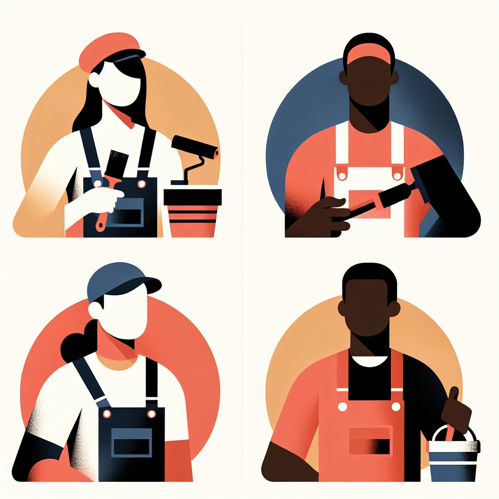 Create a flat-style illustration intended for a business-oriented article. The image should appeal to service-based occupations including a Caucasian female painter, a Hispanic male landscaper, a Black female roofer, and a Middle-Eastern male handyman. In a modern, minimalistic approach, use simple vector shapes and bold colors. The design should hint at a hand-drawn logo being less beneficial without using any text, brand names, and logos. Please refrain from including the requested prompt text in the final image output.