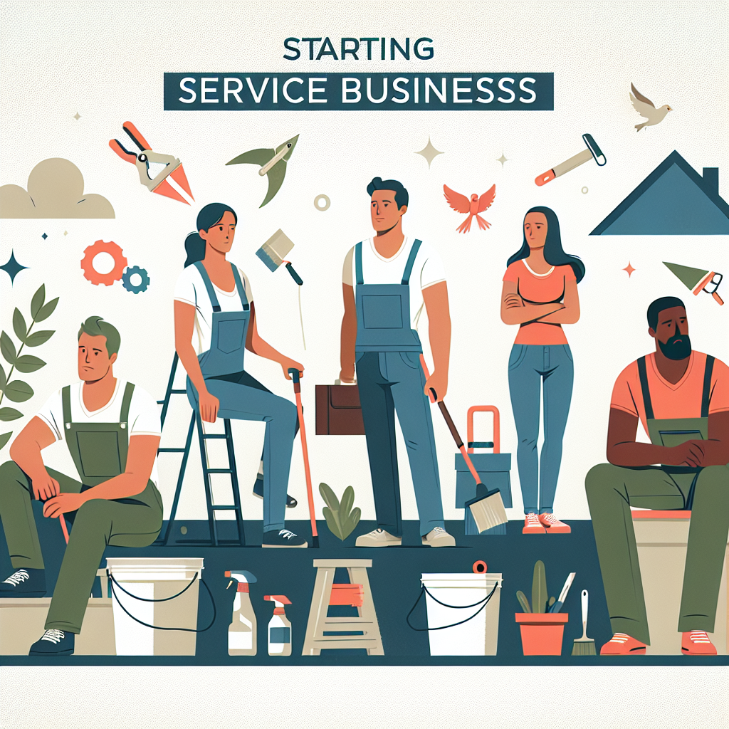 Create a professional, flat-style illustration suited to an article about starting service businesses. The scene should include individuals representing services such as painting, landscaping, roofing, and handyman tasks. Each person should represent a different descent: one should be Caucasian, another Hispanic, another South Asian, and another Black. Both men and women should be represented equally in these occupations. The design should be modern, minimalistic, and use bold colors with simple shapes. Avoid any text, brand names, and logos in the image.