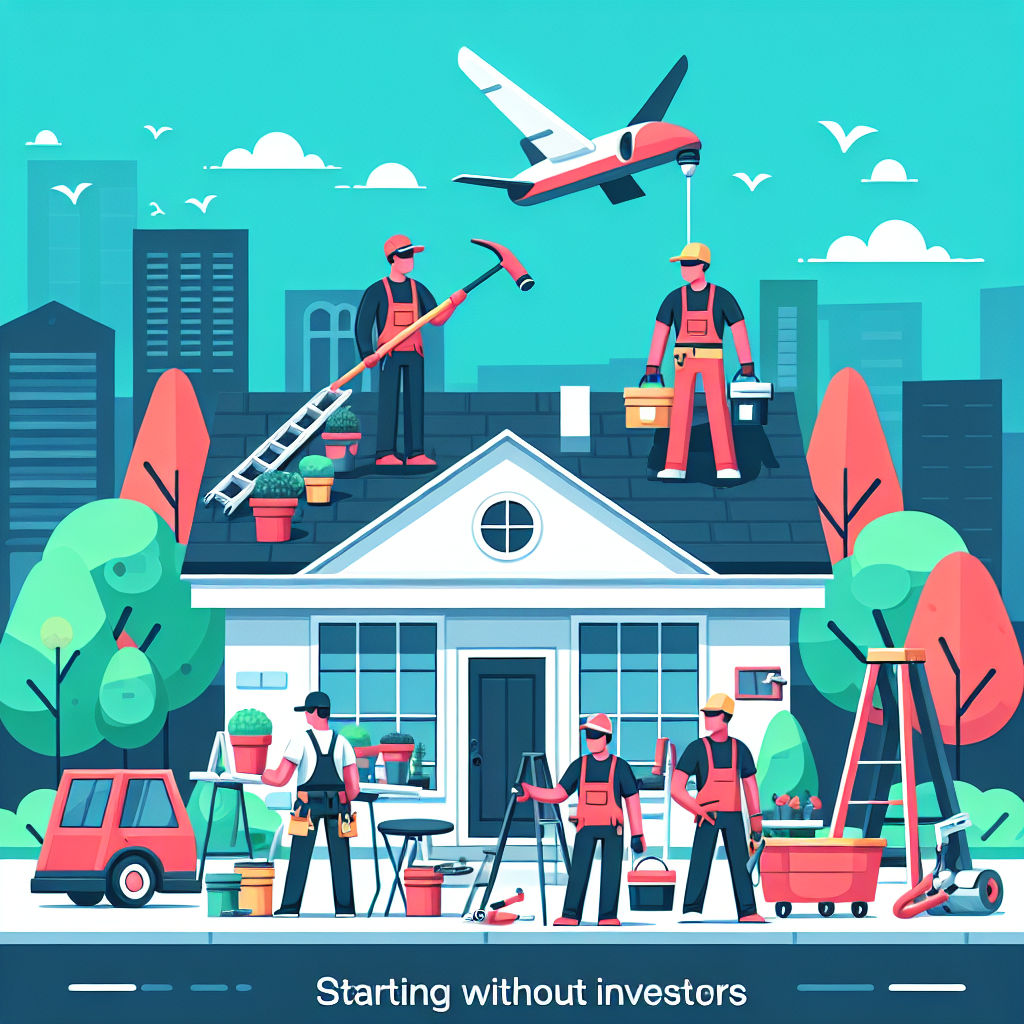 Create a modern, minimalist, vector-based illustration appealing to service business owners like painters, landscapers, roofers, and handymen. The illustration should reflect the concept of 'Starting Without Investors'. Use flat-style design with bold colors and simple shapes. The scene should be clean and professional with elements related to the mentioned occupations but without any text, brand names or logos. The generated image should not include the provided prompt text.