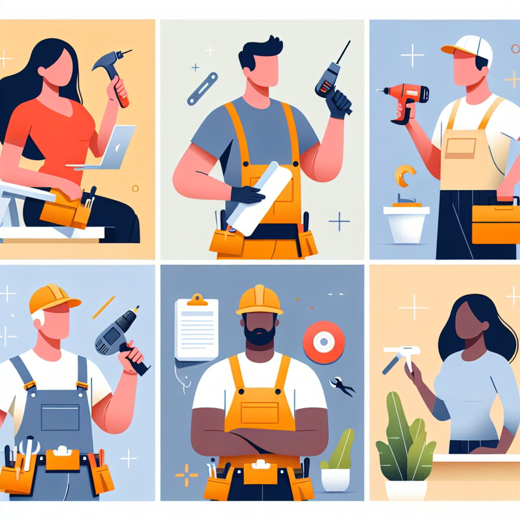 Design a flat-style, professional illustration that resonates with the theme of getting leads without cold calling. It should visually appeal to entrepreneurial personas like a Caucasian female painter, a Hispanic male landscaper, a Middle-Eastern female roofer, and a South Asian male handyman. Use a modern, minimal vector-based design that is characterized by bold colors and simple shapes. The image should be free of any text, brand names, and logos.