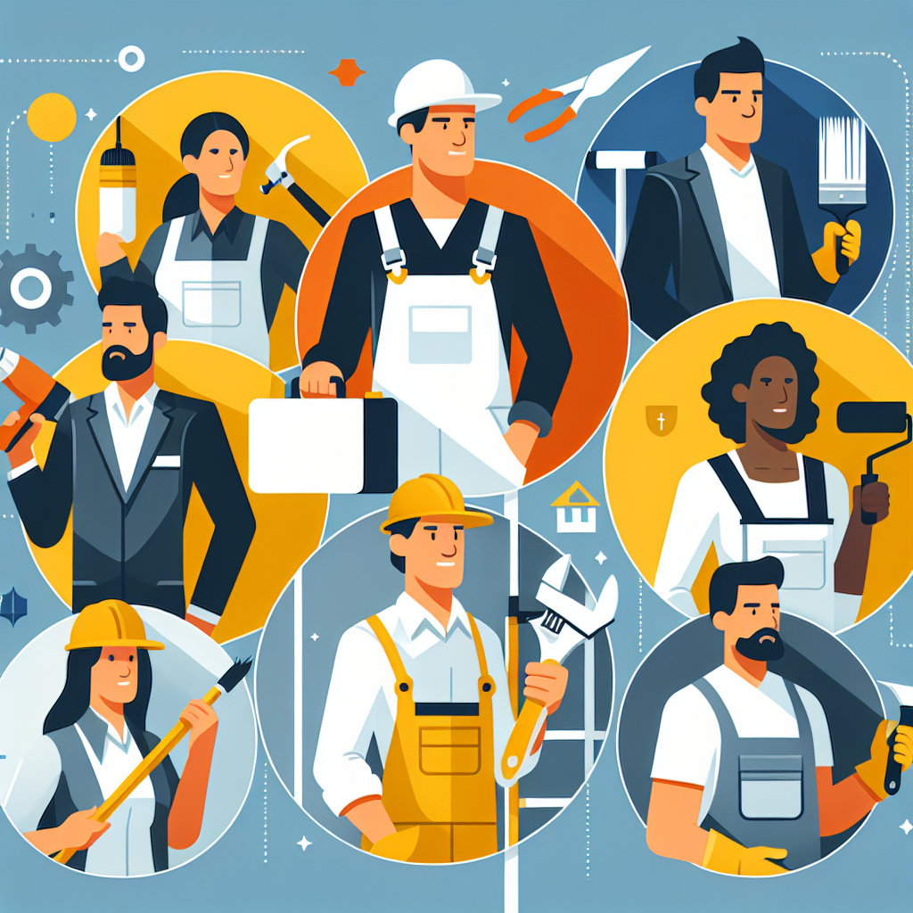 Design a clean, professional flat-style illustration applicable for a business-oriented article. The illustration should depict the various roles in a service business, such as a South Asian painter, a Black female roofer, a Hispanic man working as a landscaper, and a Caucasian repairman symbolizing handymen. Skillfully utilize a modern, minimalist vector-based design with bold colors and uncomplicated shapes for a visually appealing setting. Make sure not to incorporate any written content or brand logos within the artwork.