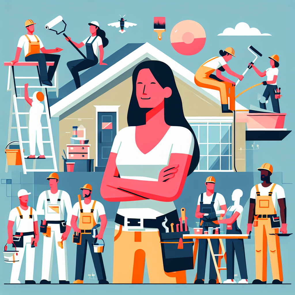 Generate a clean, professional flat-style illustration. The image should serve as a visual representation of a service business that seems larger than it truly is. This can be depicted by showing a small business owner (for instance, a Hispanic female landscaper) overseeing a range of operations such as painting, landscaping, roofing, and handy work. The individuals doing these jobs should be diverse in terms of gender and descent, for example, a Middle-Eastern male painter, a Black female roofer, and a White male handyman. Use a modern, minimalistic style with vector-based design, bold colors, and simple shapes. There should be no text within the image or on any objects, no brand names and logos.