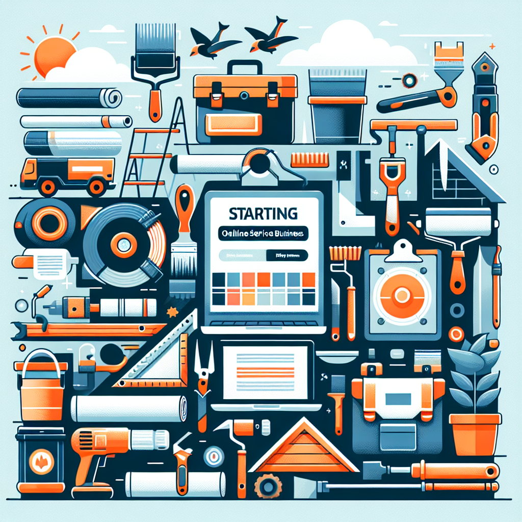 Generate a clean, professional, flat-style illustration that visually represents the concept of starting an online service business. The image should include elements related to service businesses such as painting tools, landscaping tools, roofing tools, and handymen equipment. The design should be modern and minimalistic, executed in a vector-based style with bold colors and simple shapes. Ensure that the final image is free of any text, brand names, logos, or specific product labels. The design should appeal specifically to service business owners like painters, landscapers, roofers, and handymen.