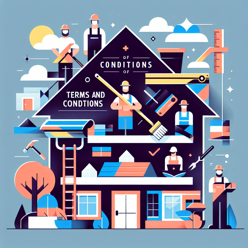 Craft a flat-style vector-based illustration symbolizing the importance of "Terms and Conditions" on a website. The illustration should communicate the business dimension of service providers like drywall painters, landscape gardeners, rooftop workers, and maintenance handymen. Use a modern, minimalistic approach with bold colors and straightforward geometrical shapes. Exclude all brand identities, logos, and written content in the visual design.