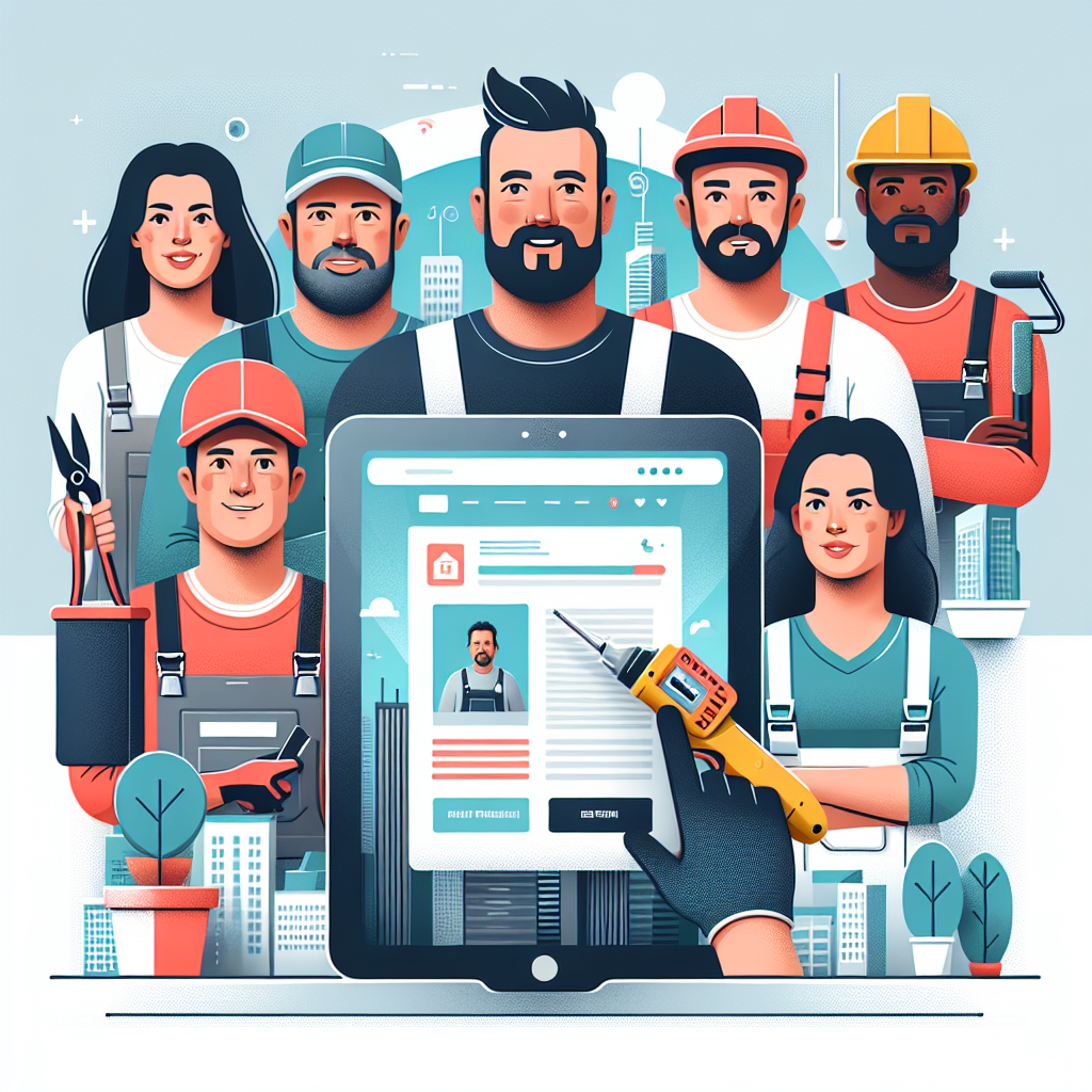 Create an appealing vector-based flat-style illustration for service business owners. This illustration should represent the modernization of businesses through digital platforms. Depict various types of professionals such as a Caucasian male landscaper, a Hispanic female painter, a Black male roofer, and a Middle-Eastern female handywoman, all looking with amazement at a clean, minimalist website appearing from a futuristic device in the center. Avoid including any text or brand logos. Use bold colors and simple shapes to keep the design modern and professional.