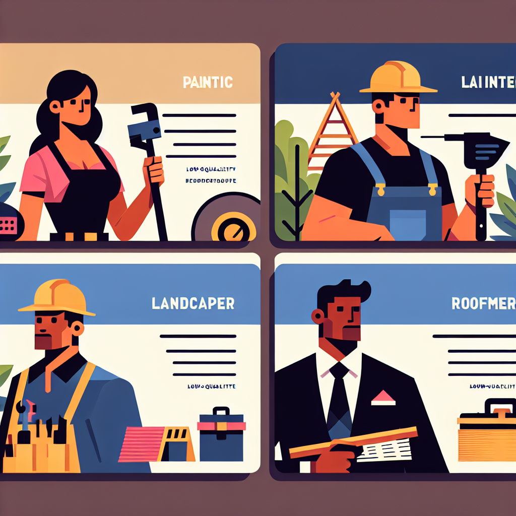 Generate an attention-grabbing flat-style illustration intended for service business owners such as a female Hispanic painter, a male Middle-Eastern landscaper, a Black male roofer, and a Caucasian female handyman. The design should be modern, minimal and vector-based, using bold colors and simple shapes. The scene should create a visual representative of low-quality business cards without using any text within the image or on any objects. The images are to be devoid of all brand names and logos.