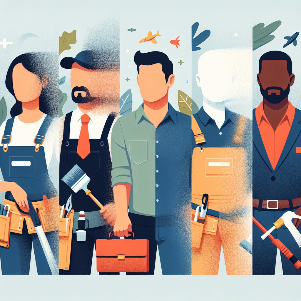 Create a flat-style, vector-based illustration embodying the concept of invisibility in the modern business world. The illustration should depict a diverse mix of service business owners, such as a Caucasian female roofer, a Hispanic male painter, a Middle-Eastern female landscaper, and a Black male handyman. All figures are visually appealing in professional attire, valued by their customers, but are fading away or become semi-transparent to symbolize their invisibility due to lack of a website. The scene uses bold colors and simple shapes, upholding a modern and minimal aesthetic. Please avoid all text, brand names, and logos in the final image.