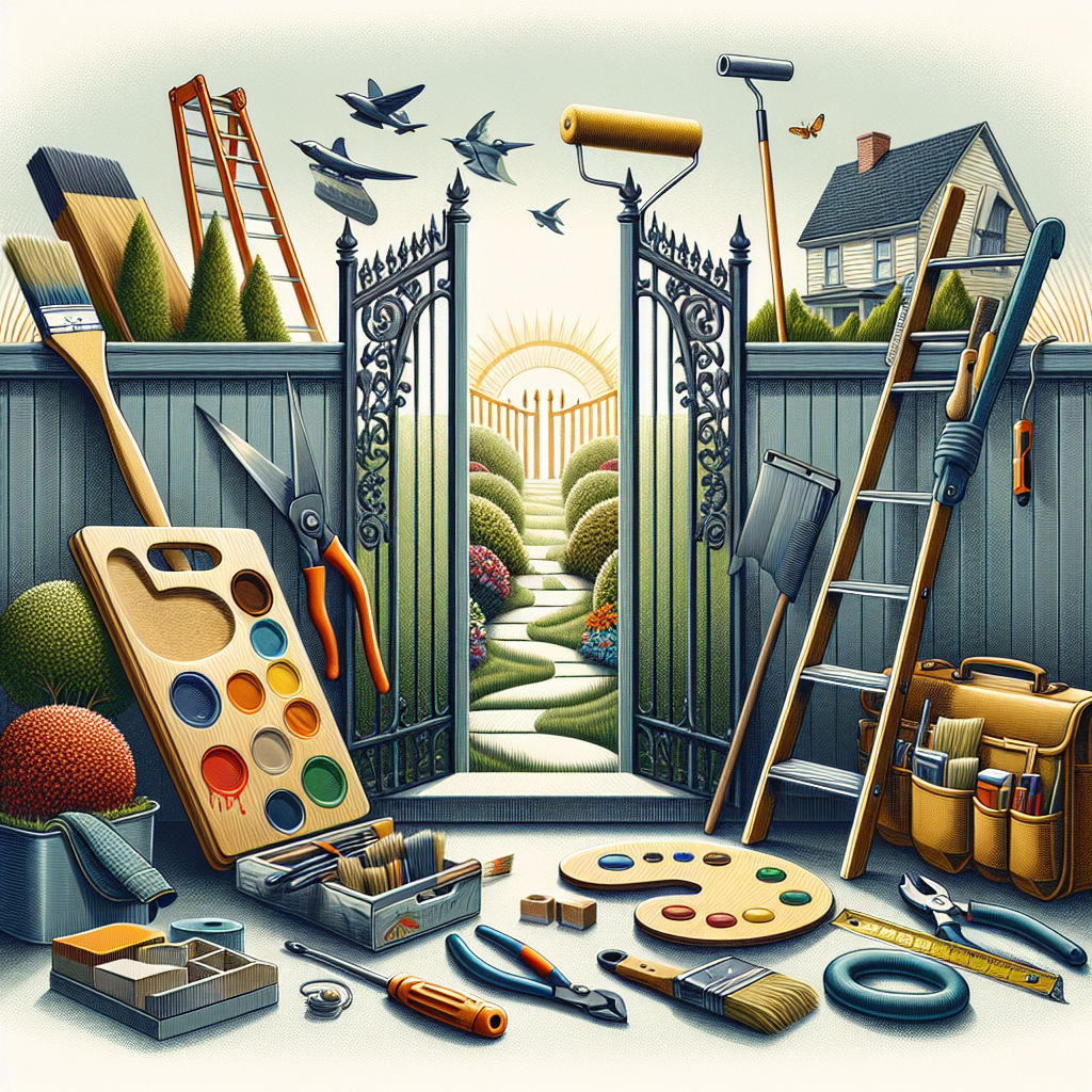 A detailed illustration that appeals to service business owners. In the foreground, there's an open gate implying 'overcoming barriers'. There are symbolic elements representing four occupations: A painter's brush and palette, a landscaper's rake and a beautiful miniature garden, a roofer's ladder and shingles, and a handyman's tool belt with various tools. They are all professionally arranged suggesting the idea of 'Getting Past the Gatekeeper'. It's a metaphorical image that inspires taking the initiative for marketing to businesses. Note: there should not be any text, brand names, or logos in the image.