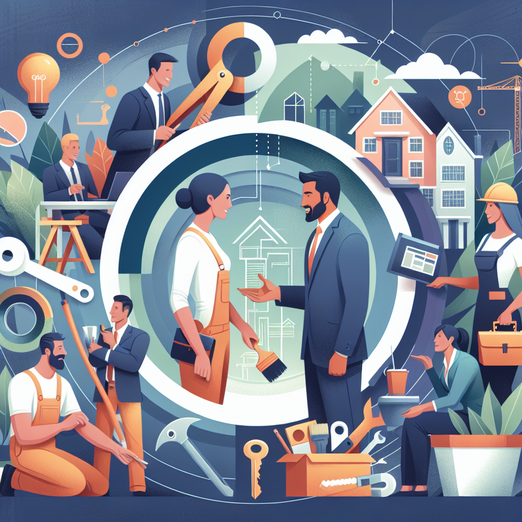 A digital illustration for a professional article that radiates expertise and appeal. The scene should feature property managers and real estate agents engaged in dialogue, represented through abstract imagery like keys, buildings, and property blueprints. Include diverse service business owners such as a Hispanic male painter with a brush and palette, a Caucasian female roofer showing roofing materials, an Asian male landscaper with pruning tools by a thriving plant, and a Black female handywoman with a toolbox. These professionals should be oriented around the conversation, illustrating the idea of market engagement. There should not be any brand names or logos within the elements of the image. Also, ensure there's no text within the image.