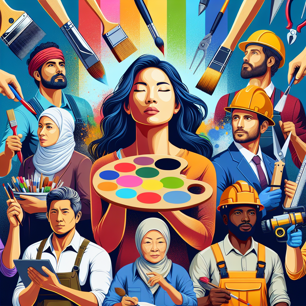 Generate a professional image symbolizing a business networking event with a palpable sense of futility and inefficiency. The image should resonate with service business owners from diverse fields, including an Asian female painter with her paintbrush and palette, a Middle-Eastern male landscaper with garden shears, a Caucasian female roofer with a hardhat and tool belt, and an African male handyman holding a toolbox. The colors should be vibrant but not distracting, and the setting should be clear and clean, free from text, brand names, and logos.