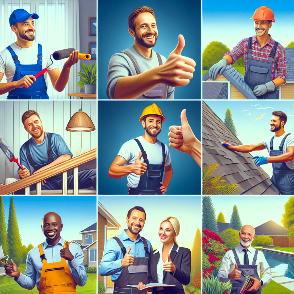Generate a captivating, professional image geared towards service business owners such as painters, landscapers, roofers, and handymen. The theme of the image should visually represent the concept of getting clients to leave reviews without having to ask directly. This can be conveyed through imagery that includes different professionals, showing their satisfaction in their work and their clients' approval. There should be no text, brand names or logos in the image. Include different scenes featuring a Caucasian painter pleased with his finished work, a Black roofer receiving a thumbs-up from a client, a South Asian handyman with a happy customer, and a Hispanic landscaper nodding approvingly at a beautiful garden.