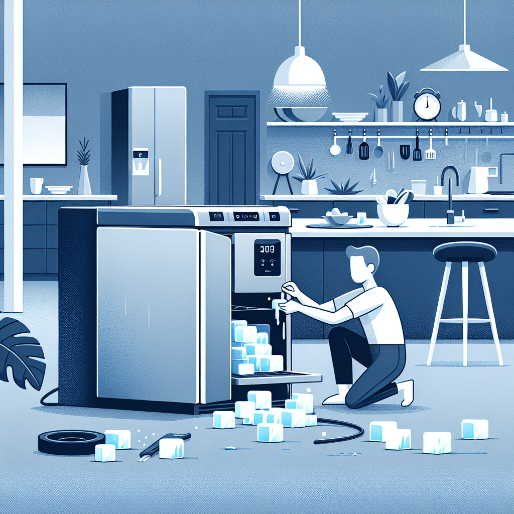 Please generate a sleek, professional vector-style illustration that depicts the process of fixing or troubleshooting kitchen appliances in a contemporary home setting. The scene should include high-end appliances synonymous with modern luxury amidst cool blues and grays. Focus on depicting an ice maker machine that appears to be producing small or hollow ice cubes, indicating an issue that needs troubleshooting. The design should use a flat, minimalistic approach. Please ensure there are no text, brand names, logos within the image. The aesthetic should be in line with modern, minimal design principles.