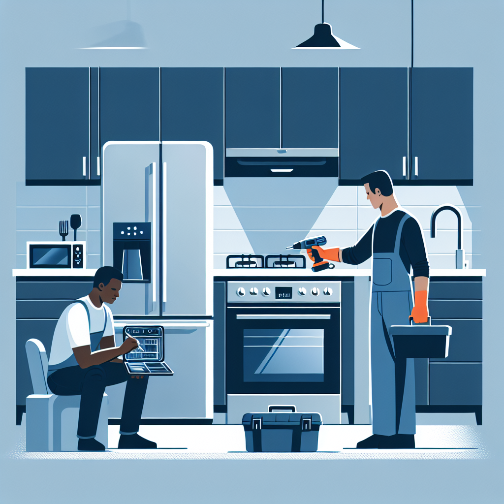 Create a flat-style illustration showing a scene of appliance repair in a modern kitchen using a vector-based design. The illustration should be sleek and professional, incorporating cool hues of blues and grays. Portray a premium refrigerator, a stove, and other high-end kitchen appliances, along with a person, of Black descent and male gender, using a toolbox in action performing troubleshooting. However, keep the appliances neutral without any specific brand names or logos. The setting should be modern and sophisticated to hint at the quality of the appliances. No text should be part of the image.