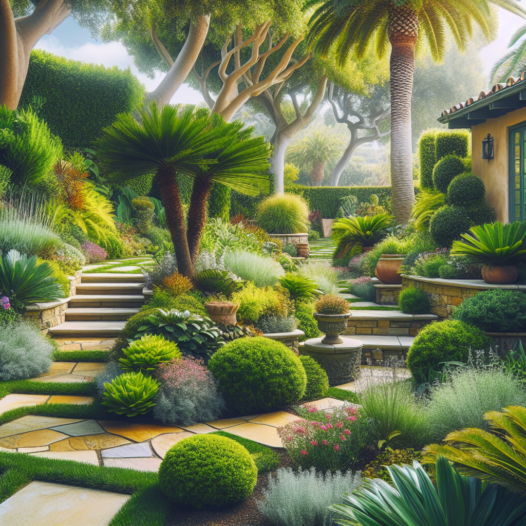 Create a professional photograph style image that could be used for a Good Stuart article about Xeriscaping for beginners. The image should vividly showcase an appealing outdoor space with elements of landscaping. The scene should contain lush greenery including plants and shrubbery suitable for xeriscaping. The garden should appear well-maintained with well-designed paths and landscapes. Remember to exclude any brand names, logos or text on any objects within the image. Don't include any requested prompt text as a part of the final image.