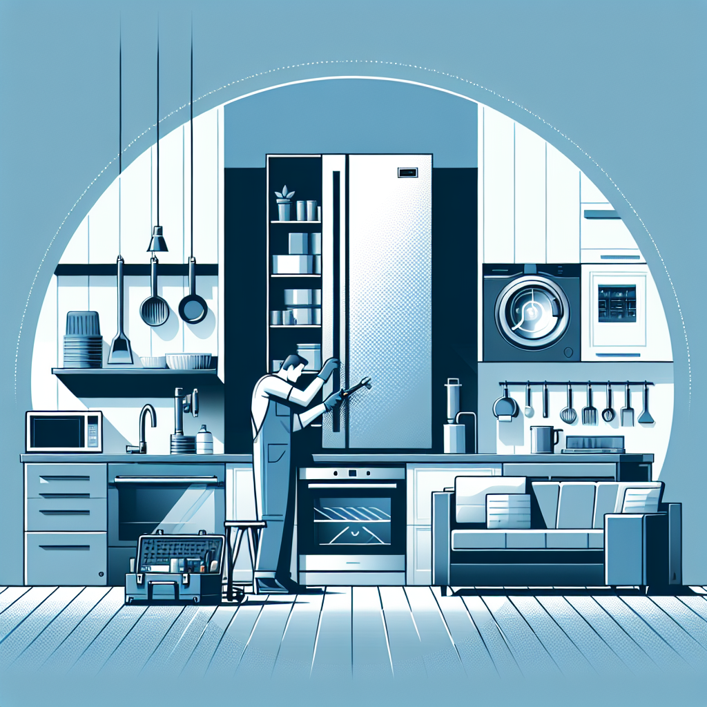 Generate a clean, professional, flat-style image depicting a scene of premium kitchen appliance troubleshooting. Encapsulate the process inside a modern home, featuring tools and appliances placed tactfully in a tasteful setting. The color palette should consist of cool blues and grays, alluding to the concept of 'Sub-Zero' environment without referring to the brand directly. Make sure the illustration conveys a minimal and ultramodern ambiance. Ensure to use a vector-based design but do not incorporate any text or brand logos in the image.