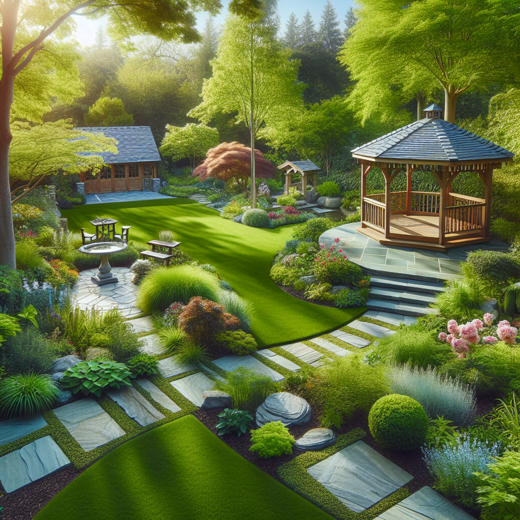 Create a photograph-style image presenting a serene and appealing outdoor space. Show a mixture of distinct hardscape elements such as stone pathways or a wooden gazebo, contrasting with clear examples of softscape features such as vibrant flower beds, lush green lawns and mature trees. Everything should be aesthetically pleasing, well-maintained, and evocative of successful landscaping and garden designs, potentially serving as inspiration for homeowners. The image should be clear of any text, brand names, or logos.