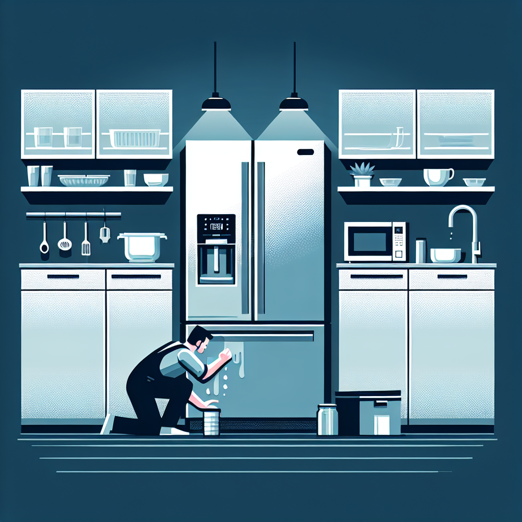 Generate a clean, professional flat-style illustration. The image should depict a scenario of appliance repair or troubleshooting within a modern kitchen setting, showcasing high-end kitchen appliances. Emphasis should be placed on a fridge, hinting at an issue with its ice-making function even though its water dispenser is functioning correctly. The color palette should be dominantly modern, utilizing shades of cool blues and grays, suggestive of premium branding. The design should be minimalistic, presented in a stable, vector-formatted style. No text or identifiable brand names or logos should be visible anywhere in the artwork.