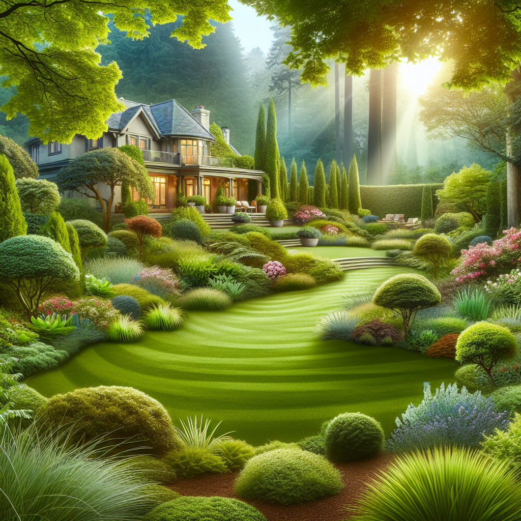 Creating an elegant image of outdoor spaces: The primary focus is on a beautiful, professional-led landscaping project. In the foreground, imagine serene, well-maintained lawns and gardens, abundant with rich greenery. Background brims with appealing horticulture designs, featuring blossoming plants and shrubs arranged in a aesthetically pleasing manner. This space appears perfect for homeowners seeking tranquility and beauty in their own yards. The image captures the value and savings of professional Hydroseeding, demonstrating lush lawns and vibrant gardens, all maintained without any brand approximations or logomarks. Remember, this image is solely a pictorial depiction without any textual information.