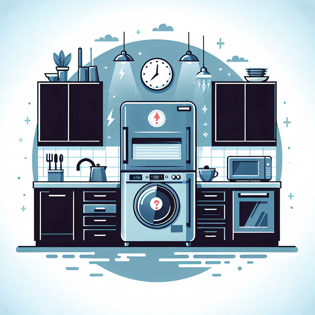 Generate a professional, flat-style illustration for an article regarding appliance troubleshooting. The image should represent a high-end kitchen scene with top-notch appliances, without showing any brand names or logos. Emphasize on one of the appliances that seems to be 'malfunctioning,' indicating a clicking noise issue. Implement a modern and minimalistic design with vector-based elements. Use a palette of cool blues and grays to suggest the association with a premium design aesthetic. Specifically ensure no text is included within the image or upon any objects.