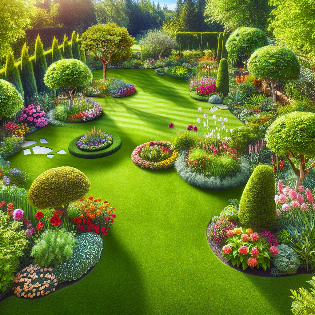 A professional photograph-style image showcasing an idyllic outdoor space that embodies homeowners' dreams. The view predominantly features a well-maintained lush green lawn with various garden designs and landscaping projects. Dramatically arranged flower beds bursting with an array of colorful blooms and straddling the outskirts of the lawn. A triad of oramental trees entice observation with their unique shapes, while enchanting fairy rings subtly emerge from the verdant grass. There is no text, brand names, or logos within the image or on any objects.