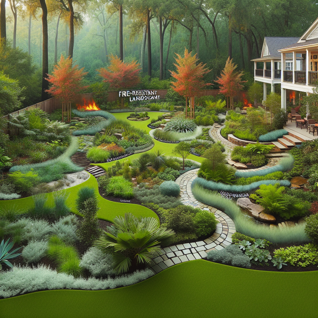 A professional photograph-style image showcasing fire-resistant landscaping options appealing to homeowners. A visual representation of a well-maintained yard filled with lush greenery. The garden abounds with native fire-resistant species, creating a complex, layered landscape with diverse textures. The image captures the essence of savannah, hardwood and wetland ecosystems, woven into a suburban setting. It depicts a beautiful garden layout with pathways wandering through different sections each having their own unique aspect. Noticeably absent are any brand names, logos, and text.