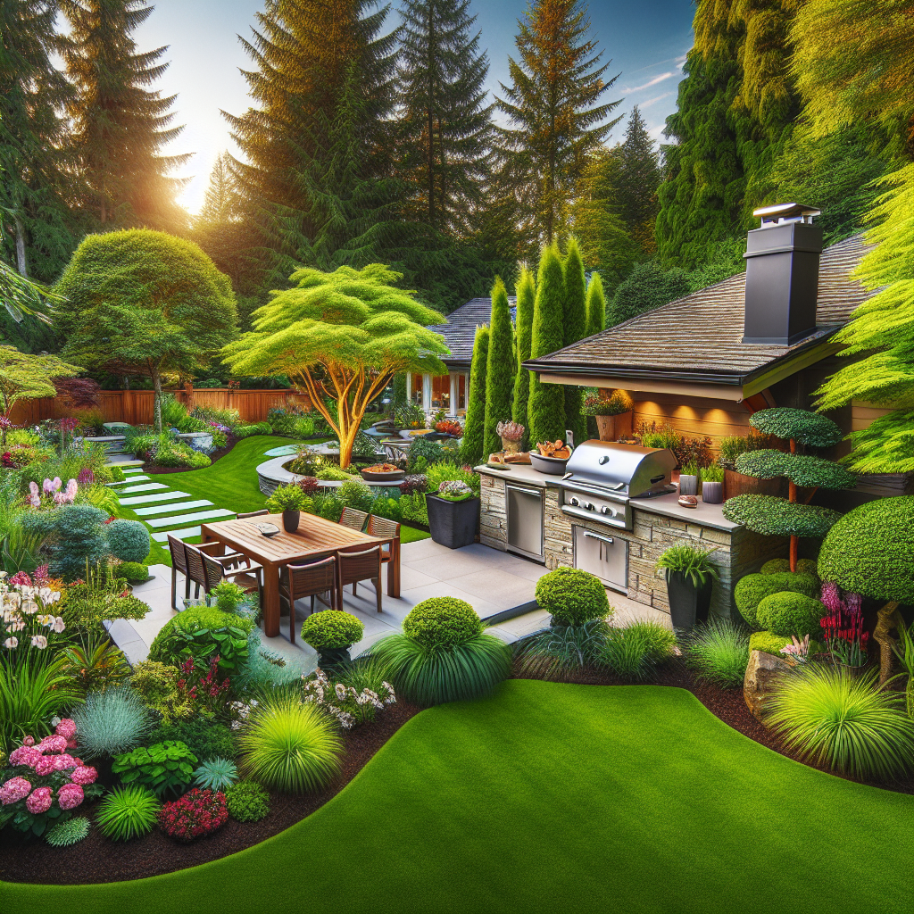 Generate an image with a professional photograph-style capturing the essence of an outdoor kitchen landscaping. The scene consists of a well-maintained lush green lawn, surrounded by diverse horticulture and garden designs, appealing to all homeowners. Include a variety of plant life including flowering shrubs, large trees and a vibrant flower bed. The outdoor kitchen features a built-in grilling area, a stone counter with a sink for food preparation and a dining set-up amidst the garden, making it the prime focus. The entire setting should radiate homeliness and serenity without any brand names and logos.