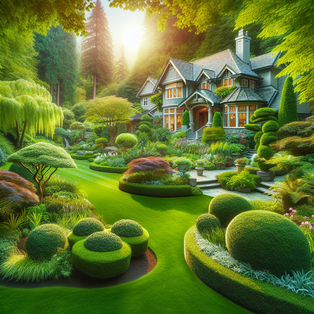 Create a professional photograph-style image suitable for a home improvement article. The image should feature an outdoor, residential setting that includes well-manicured lawns, flourishing gardens, and elaborate landscaping projects. The focus should be on the lush, green foliage and the well-maintained yards, avoiding any indications of patchiness or lawn disease. Exclude all text, brand names, and logos from the final composition, retaining only natural and architectural elements to evoke a homeowners' appeal.