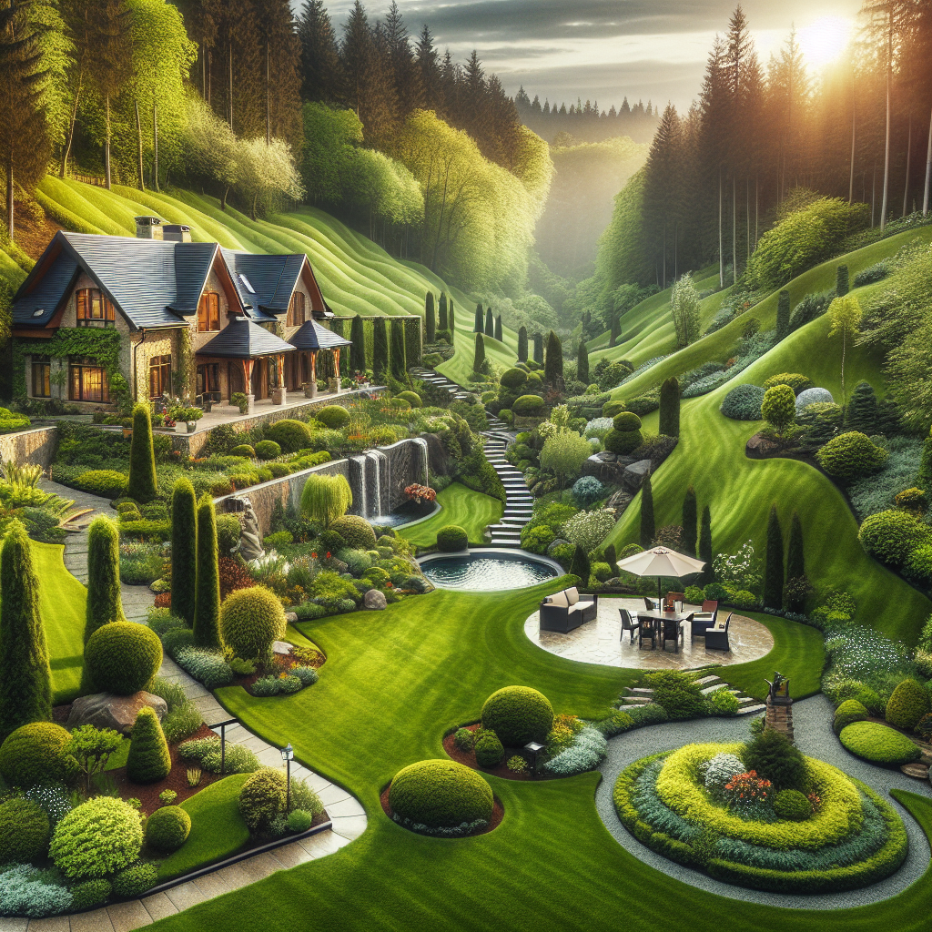 Generate a professionally shot high-resolution image showcasing the beauty of outdoor spaces suitable for an article on terrain grading. The scene should depict different grades of landscape -- flat lawns, gentle slopes and steep gradients togther. It should contain an assortment of lush greenery, well-manicured yards, creative garden designs, and intricate landscaping projects. Note that the image should be devoid of any text, brand names, and logos, and should resonate with homeowners emphasizing the importance of efficient landscaping.
