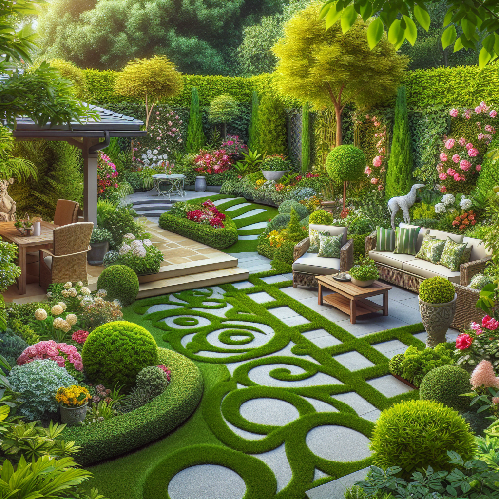 Generate a professional photograph-style image designed for an article on patio landscaping. The image should depict a lush, well-maintained backyard filled with abundant greenery and blossoming gardens. Include a detailed landscape layout showcasing a variety of beautiful flowers, exquisite plants, and manicured lawns. Elements such as well-placed garden furniture, ornamental decorations, stone pathways winding through the greenery, and a neatly designed patio should be visually appealing. Refrain from featuring any text, trademarks, or logos within the scene.