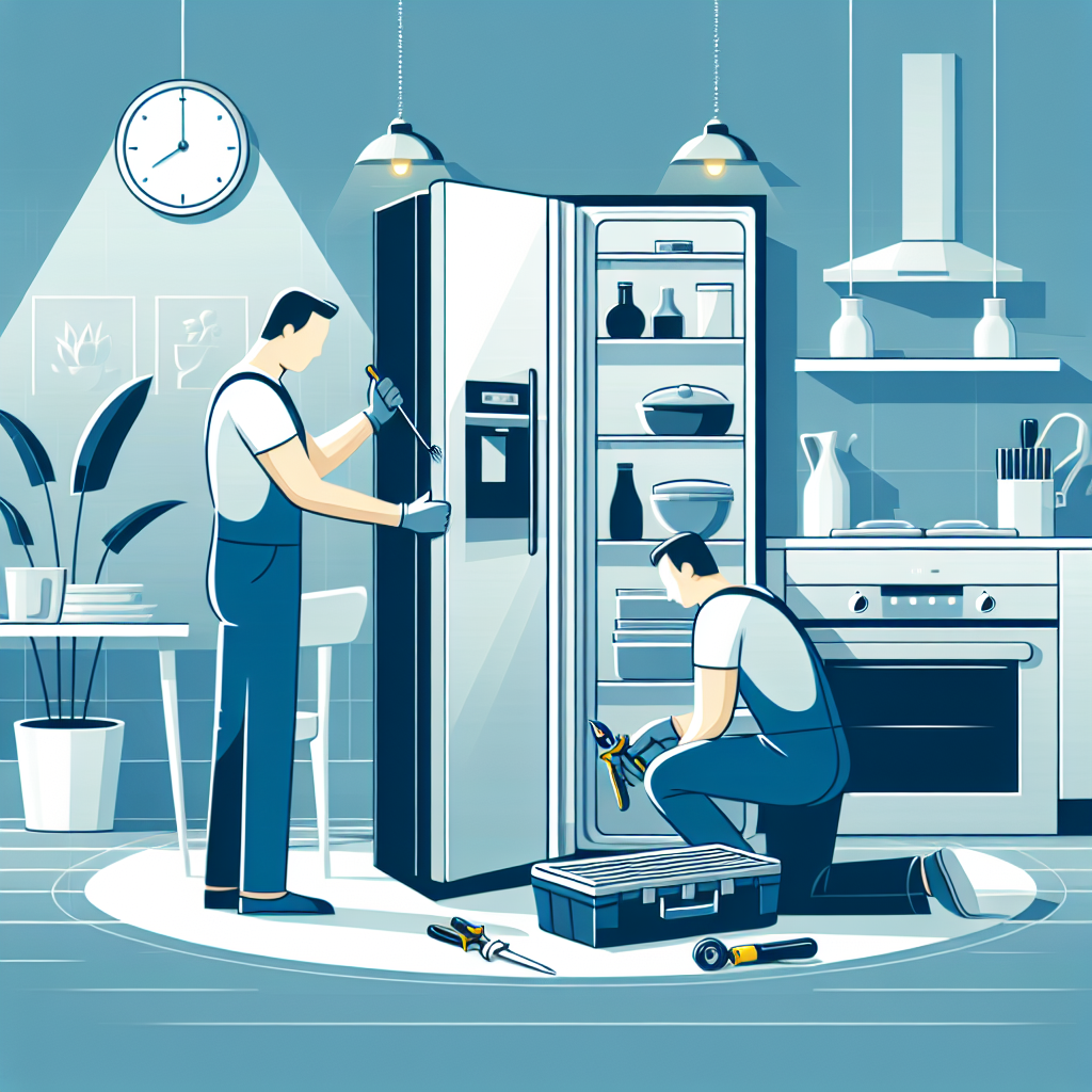 Design a clean, professional illustration in a flat-style, representing the act of troubleshooting or repairing a high-end kitchen appliance in a modern home setting. The scene should be designed using a modern, minimal and vector-based design style. Use a color palette dominated by cool blues and grays to emulate the aesthetics of premium kitchen appliance branding without actually including any brand names or logos. The image must relate to the process of replacing a fridge's door gasket seal but should not contain any text within the image itself.