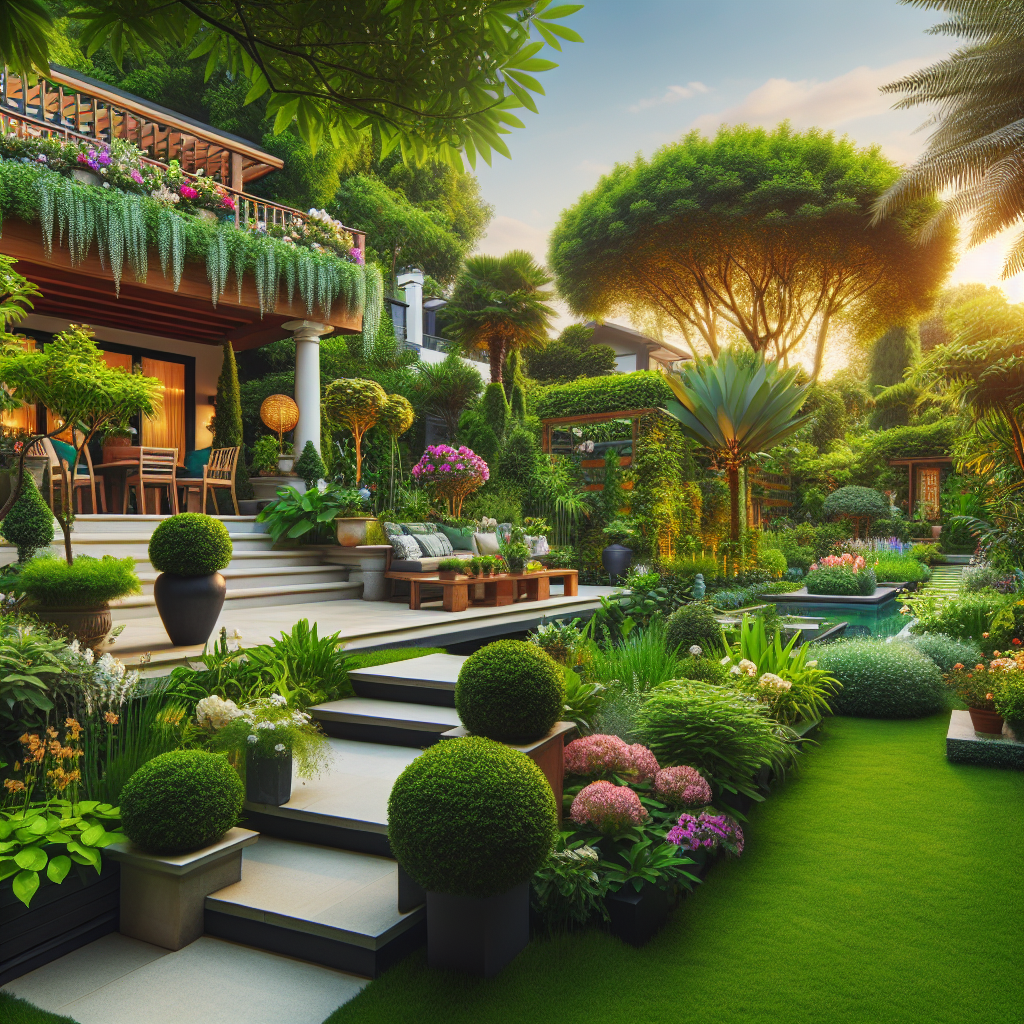 Create a visually striking professional photograph-style image that exhibits the beauty of home-based outdoor spaces. The focus should be on a complete terrace garden with lush, vibrant, well-maintained greenery including a variety of plants, flowers, and trees. Show clever garden designs, meticulous landscaping projects, and pristinely groomed lawns that would impress homeowners. Make sure to exclude any text within the image or on any objects, and avoid all brand names and logos.
