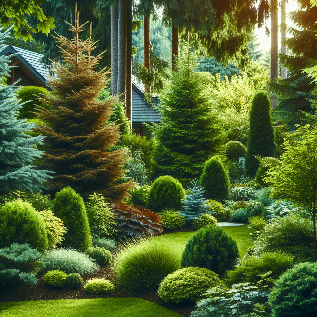 Generate a professional photography-style image for a landscaping article. Display a serene outdoor space, possibly a well-maintained yard, garden or landscape. This space is appealing to homeowners, filled with vibrant green plants, including attractive evergreen trees. Focus on the lush greenery and beauty of nature. Some evergreens have brown tips, indicative of the topic. Ensure there are no visible texts, brand names, or logos in the image. Remember, the scene should be free of people.