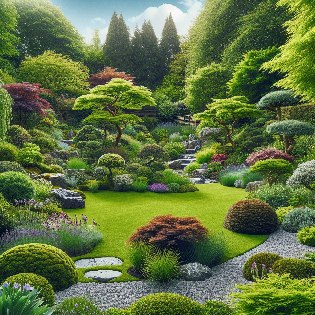 Generate a professional, photograph-style image showcasing a variety of landscape styles that would appeal to homeowners. The image should depict lush greenery, beautifully manicured lawns and diverse garden designs. The gardens should feature a variety of plants, flowers, trees and other features to emphasize different types of landscaping projects. Be it a Japanese Zen garden with gravel paths and moss covered rocks; or an English garden featuring a colorful blend of perennials, or a Mediterranean style garden with olive trees and lavender. No text, brand names or logos are to be included in the image.