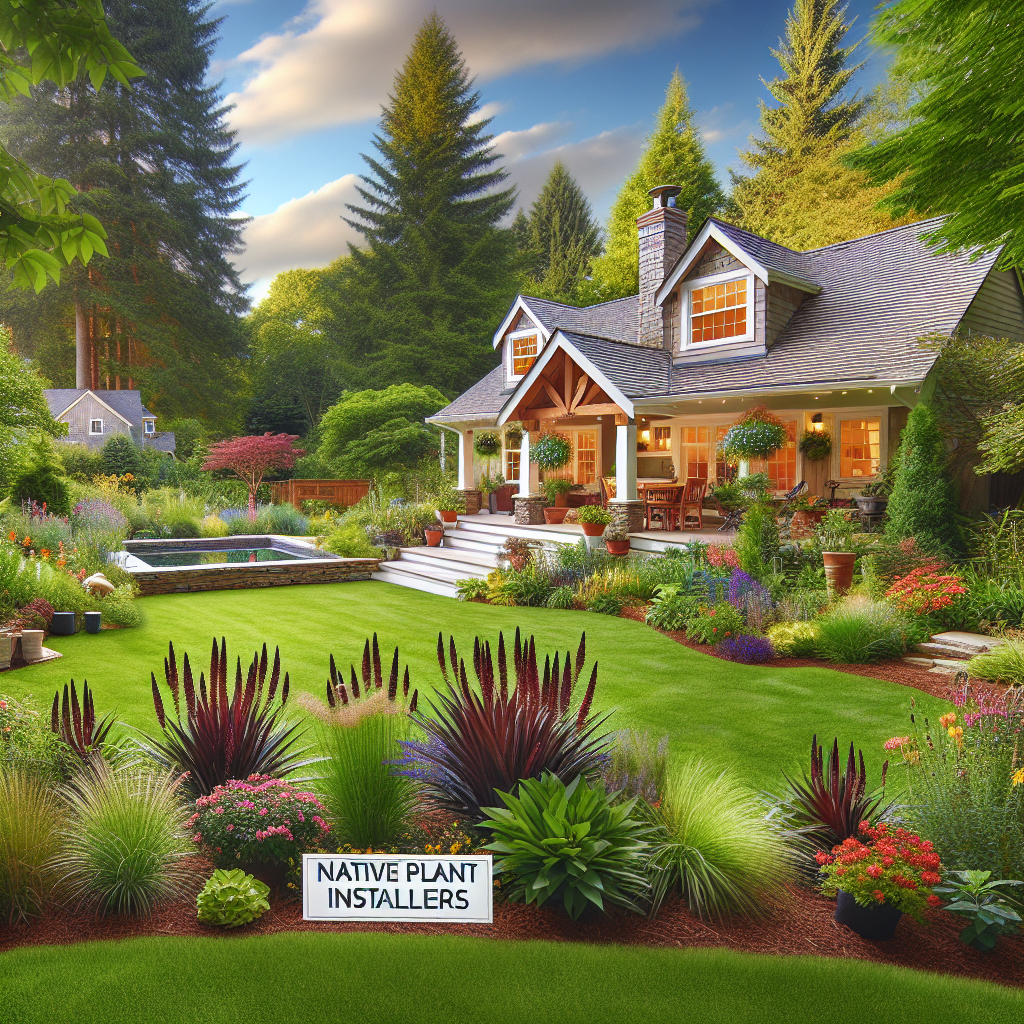 Create a beautiful, professional photograph-style image designed for an article about choosing native plant installers. The image should showcase an attractive outdoor space that would appeal to homeowners. Depict lush greenery in a tranquil backyard setting, where the garden features a variety of native plants. Showcase elements such as a well-maintained lawn, vibrant flowering plants, and innovative landscaping projects, suggesting the expertise of a skilled native plant installer. Ensure the image does not include any text, brand names, logos, or any personal identifiable information.