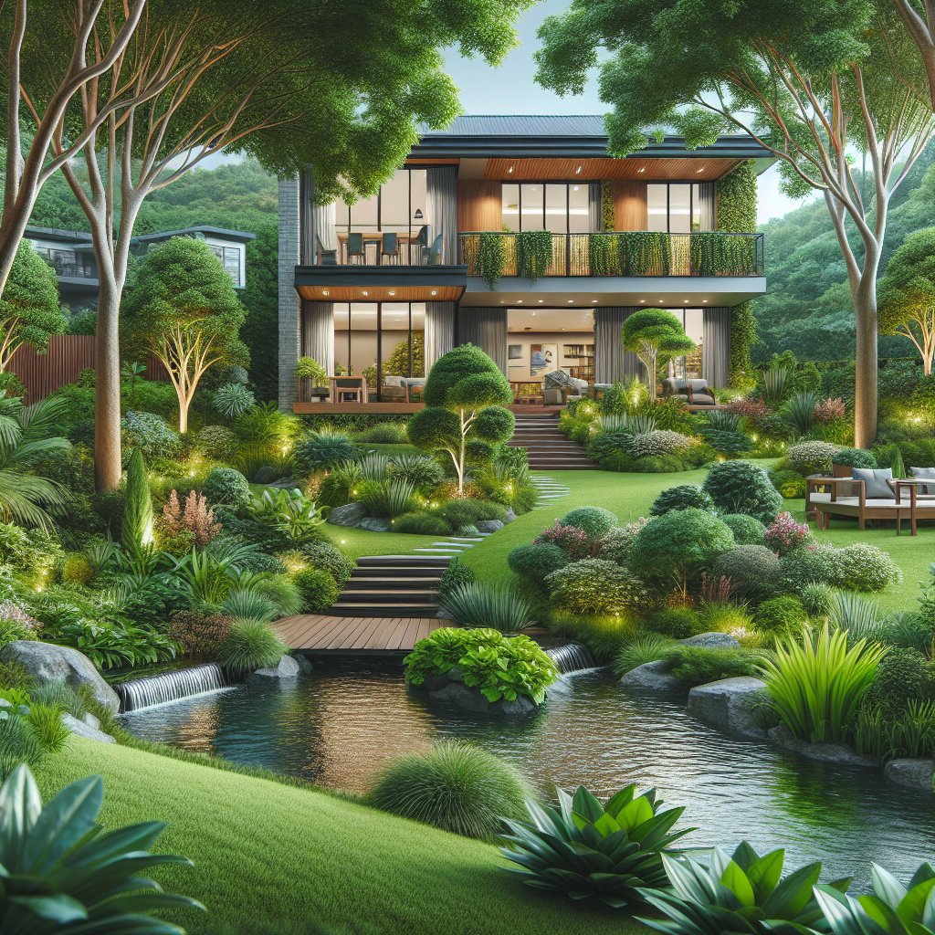 Produce an elegant and refined image that portrays a variety of outdoor spaces such as gardens, lawns, and landscaping projects. Visualize lush greenery and well-maintained backyards that are appealing to homeowners. Feature a diversity of plant species to showcase the importance of riparian buffer. Everything in the scene should evoke a sense of tranquillity and natural balance. The gardens should appear professional and meticulous, highlighting innovative garden designs. Place emphasis on the ecological sustainability of these areas. Do not include any text, brand names, or logos within the image.