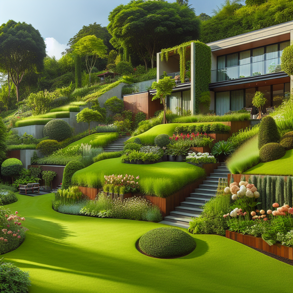 A professional photograph-style image typical of landscape architecture magazines, showcasing healthy and idyllic outdoor spaces, evocative of effective slope stabilization techniques. The composition includes a perfectly maintained, verdant lawn on a gentle slope, adorned with lush, well-pruned shrubbery and a variety of eye-catching flowers in full bloom. There is a well-designed, functional garden nearby with strategically-placed plant beds, potentially serving as a form of natural slope reinforcement. All elements are devoid of text, brand names, and logos, focusing purely on natural beauty and practical design solutions.