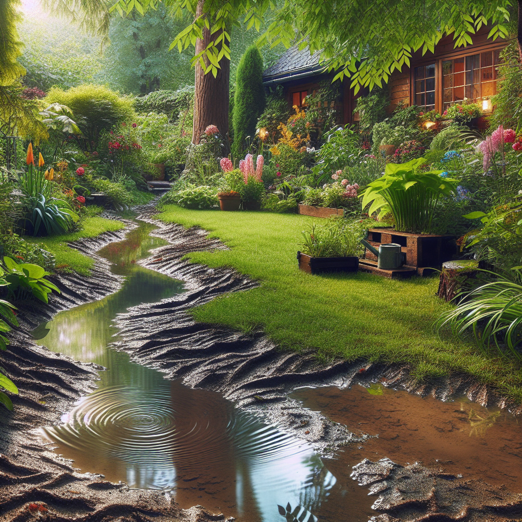 Generate a high-quality, photograph style image representing signs of poor yard drainage. The scene should be set in an outdoor space appealing to homeowners with lush greenery, well-tended yards, garden designs or landscaping projects. However, subtly hint at the underlying issue with water pooling or soggy areas that suggest poor yard drainage. Ensure that the image does not contain any text, brand names or logos.