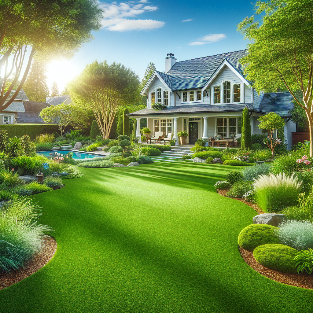 Create a stunning, professional quality photograph. The image should present a well-cared-for outdoor setting that could be found in a typical suburban dwelling. This scene must consist of a vibrant, wide expanse of lush green grass, indicating the healthy, extended activeness of the grass. To enrich the scenery, include elements of well-maintained yards, elegant garden designs, impressive landscaping projects with diverse plant species. The environment should appear welcoming and captivating to homeowners, reflecting the beauty of thriving outdoor spaces, but without any text, brand names, or logos within the image.