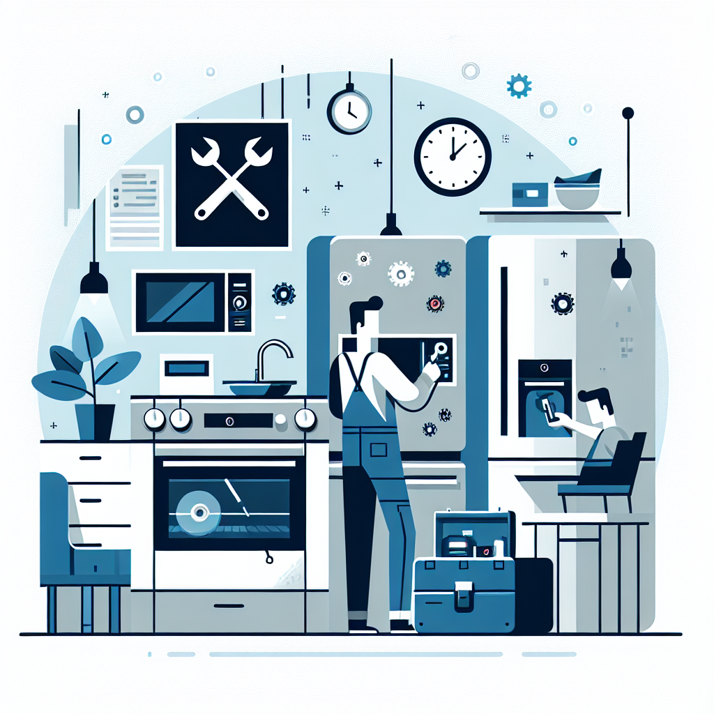Create a clean, professional-looking illustration in a flat style. The image should visually portray the troubleshooting or repair of high-end kitchen appliances, depicted within the environment of a contemporary home. The design should be modern, minimalistic, and make use of vectors. The color scheme should primarily consist of cool blues and grays. Make sure to exclude any written content within the image or on any objects, and abstain from including any recognizable brand names or logos.