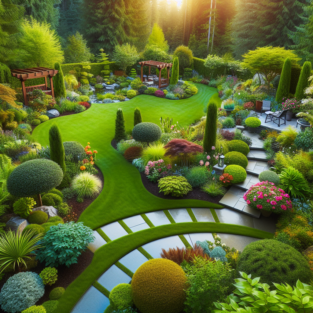 Generate an image that captures the beauty and elegance of professional landscaping. The image should portray lush green lawns, vibrant gardens filled with a variety of flora, and practical landscaping projects that would be attractive to homeowners. The focus should be on well-maintained yards and thoughtful garden designs. The scene can include outdoor spaces, patios, walkways, or arbors, decorated with unique gardening features. Strive for a realistic, detailed, and professionally photographed style. Do not include any text, brand names, or logos in the image.