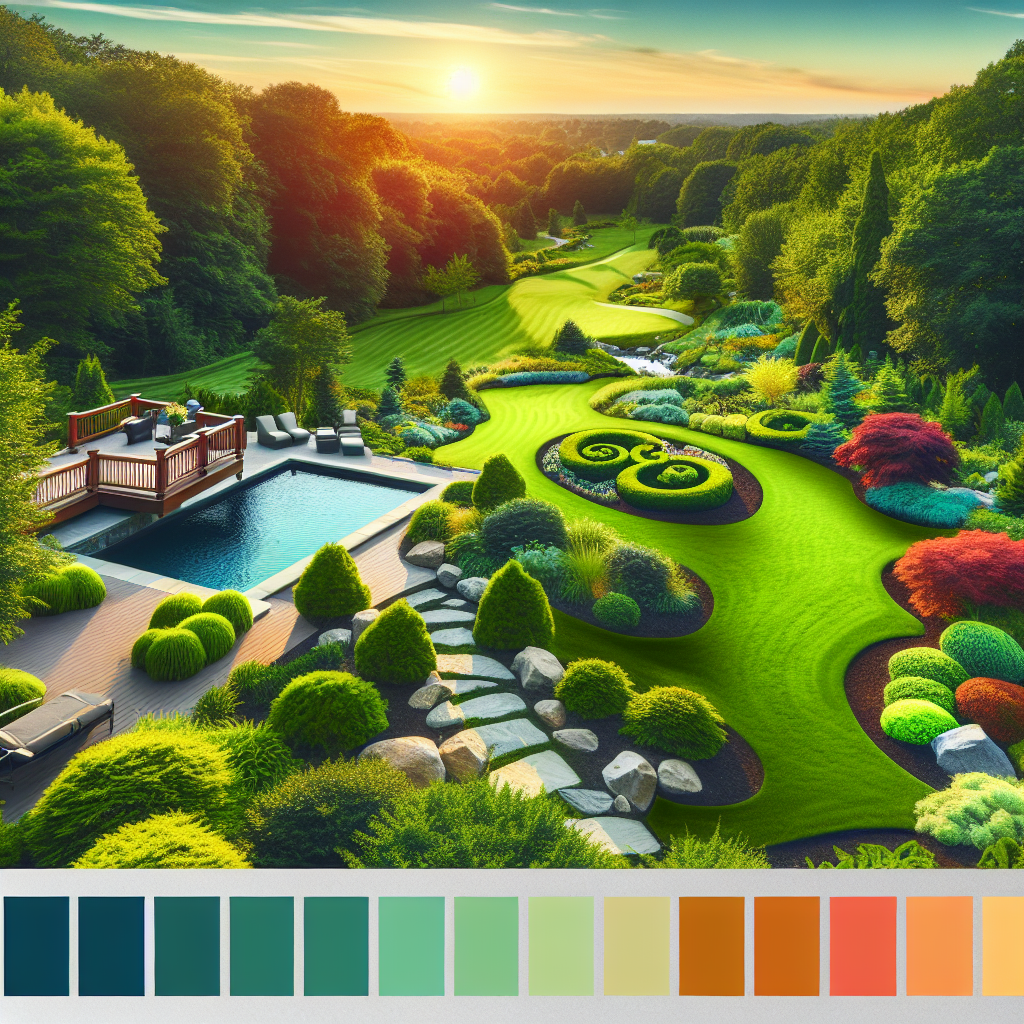 Create a professional photograph-style image showcasing a landscaping scene in Warwick, Rhode Island. The composition should highlight well-maintained lawns, lush greenery, and creative garden designs, all in the presence of Ledge Rock. The image should reflect an appeal to homeowners with attention to details of outdoor spaces. The image should be devoid of any text, brand names, and logos. The palette should exhibit vibrant yet pleasing colors, adding depth and character into the image.