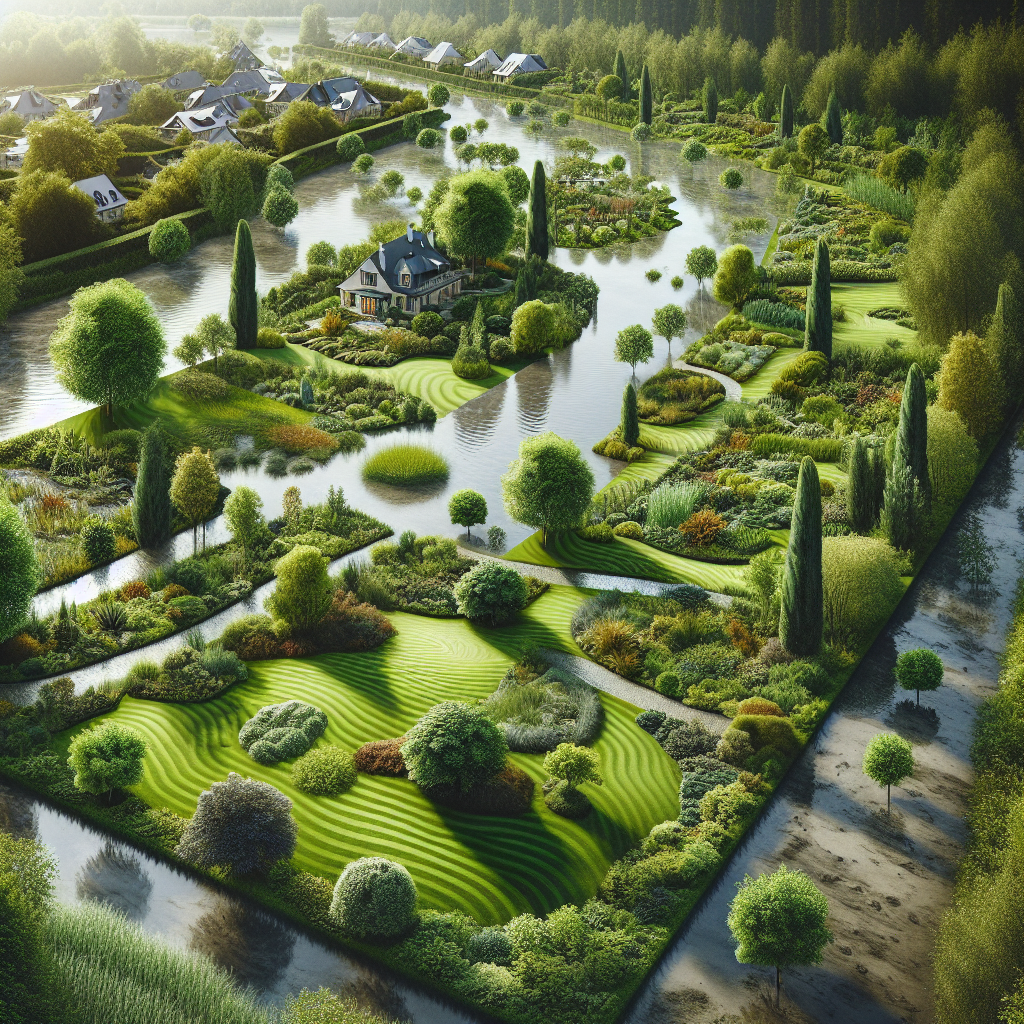 Generate a professional photograph-style image that could be used for an article on landscaping for flood-prone river bottom land. This image should feature an expansive outdoor space with evidence of landscaped gardens, lush green lawns, and thoughtfully designed landscaping projects. The area should be rich in varied greenery and demonstrate good maintenance. Ensure diverse trees and plants native to wet regions which are perfect for flood-prone environments are part of the scene. Make sure there are no brand names, logos, or texts visible anywhere within the image.
